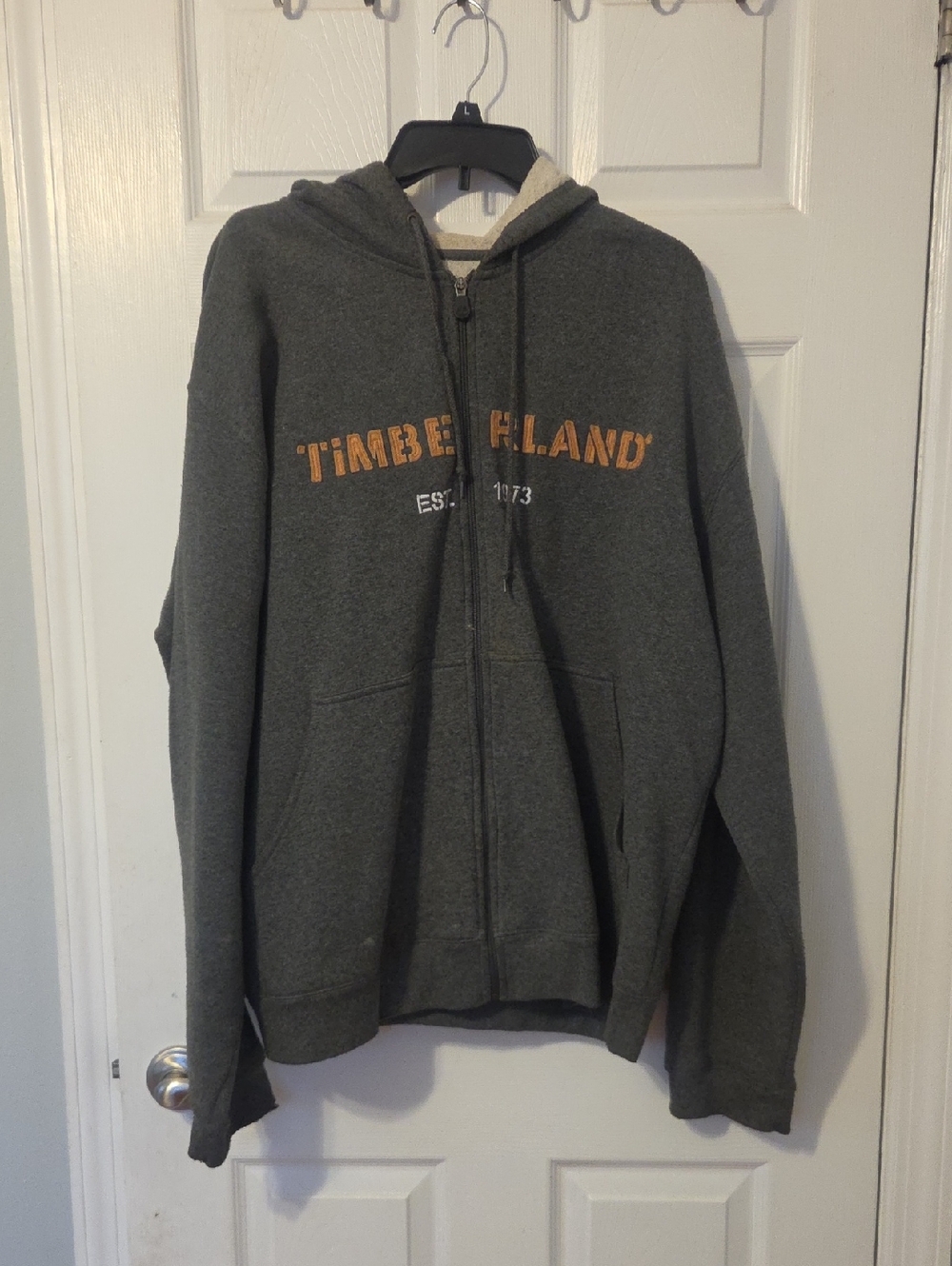 Timberland Charcoal Gray Zip Hoodie with Orange Logo